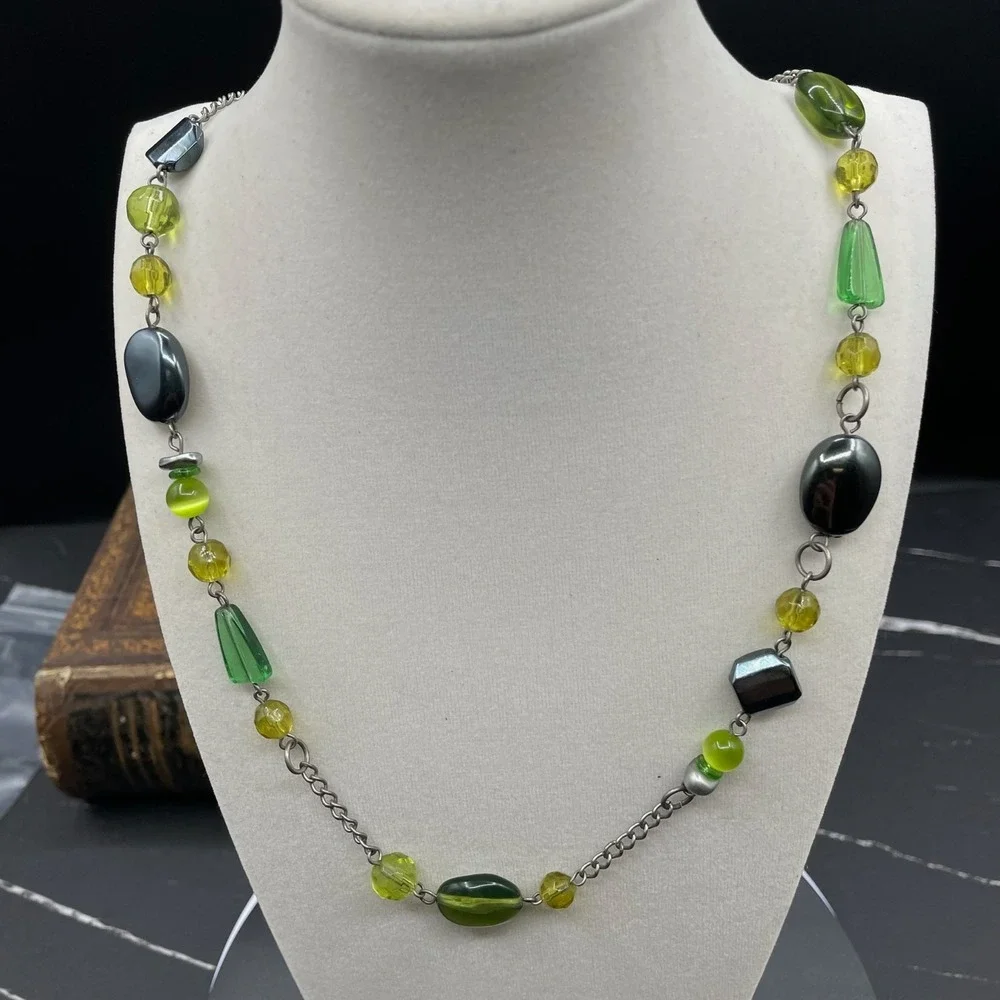 Silver-Tone Green‎ Peridot Tourmaline Station Statement Beaded Lobster Necklace